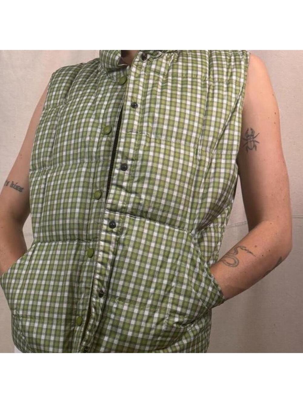 Lands’ End Green Plaid Down Puffer Vest Size M